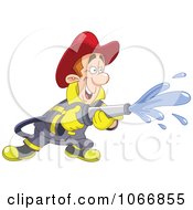 Poster, Art Print Of Happy Fireman Using A Hose