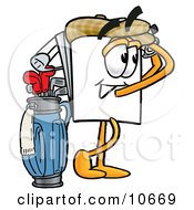 Paper Mascot Cartoon Character Swinging His Golf Club While Golfing