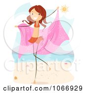 Clipart Stick Girl Posing With A Towel On A Beach Royalty Free Vector Illustration