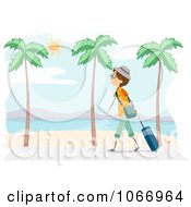 Clipart Stick Boy Walking On A Beach Boardwalk Royalty Free Vector Illustration
