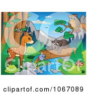 Clipart Wild Animals By A Forest Stream 1 - Royalty Free Vector Illustration by visekart #COLLC1067089-0161
