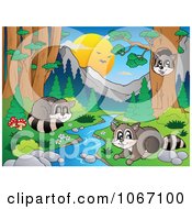 Poster, Art Print Of Raccoons Playing By A Stream 1