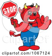 Devil Mascot Holding A Stop Sign