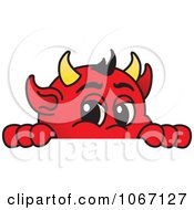 Clipart Devil Mascot Looking Over A Blank Sign Royalty Free Vector Illustration