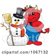 Devil Mascot With A Christmas Snowman