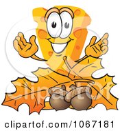 Clipart Cheese Mascot With Autumn Leaves And Acorns Royalty Free Vector Illustration