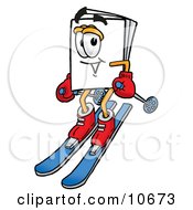 Clipart Picture Of A Paper Mascot Cartoon Character Skiing Downhill by Mascot Junction