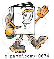 Paper Mascot Cartoon Character Hiking And Carrying A Backpack