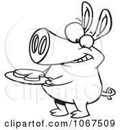 Clipart Outlined Pig With Meat On A Plate Royalty Free Vector Illustration