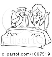 Clipart Outlined Happy Couple In Bed Royalty Free Vector Illustration