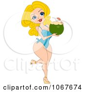 Poster, Art Print Of Summer Pinup Woman Drinking Coconut Juice