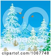 Poster, Art Print Of Three Birds Flying In A Winter Forest