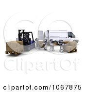 Poster, Art Print Of 3d Robots With A Van And Forklift In A Warehouse