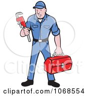 Clipart Plumber Holding A Wrench And Tool Box Royalty Free Vector Illustration