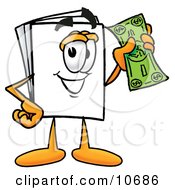 Clipart Picture Of A Paper Mascot Cartoon Character Holding A Dollar Bill by Mascot Junction