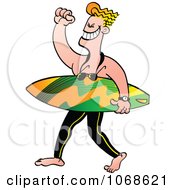 Clipart Surfer Dude Carrying A Board And Holding Up His Fist Royalty Free Vector Illustration by Zooco