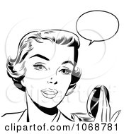 Clipart Pop Art Talking Woman Holding A Compact Black And White Royalty Free Vector Illustration by brushingup