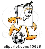 Poster, Art Print Of Paper Mascot Cartoon Character Kicking A Soccer Ball