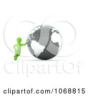 Poster, Art Print Of 3d Green Guy Leaning Against A Gray Globe