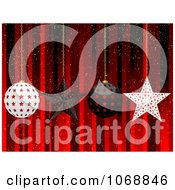 Clipart 3d Star And Bauble Ornaments Over Red Stripes Royalty Free Vector Illustration by elaineitalia