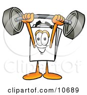 Clipart Picture Of A Paper Mascot Cartoon Character Holding A Heavy Barbell Above His Head