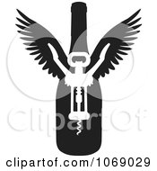 Poster, Art Print Of Black And White Winged Wine Bottle And Corkscrew