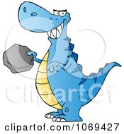 Clipart Blue Tyrannosaurus Rex Holding A Boulder Royalty Free Vector Illustration by Hit Toon