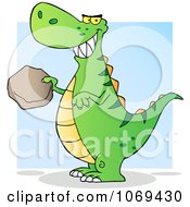 Clipart Green Tyrannosaurus Rex Holding A Boulder Royalty Free Vector Illustration by Hit Toon