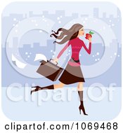 Poster, Art Print Of Brunette Woman Eating On Her Way To Work