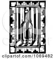 Clipart Woodcut Black And White Wine Bottle And Stripes Royalty Free Vector Illustration