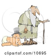 Baby Wearing A Hat And Crawling Alongside An Old Man With A Cane