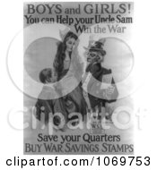 Clipart Of Boys And Girls Help Uncle Sam Win The War By Saving Your Quarters Royalty Free Historical Grayscale Stock Illustration by JVPD