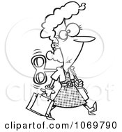 Clipart Outlined Wind Up Woman Shopping On Auto Pilot Royalty Free Vector Illustration