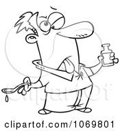 Clipart Outlined Sick Man Holding Medicine Royalty Free Vector Illustration