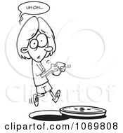 Clipart Outlined Distracted Girl Texting And Falling Into A Manhole Royalty Free Vector Illustration