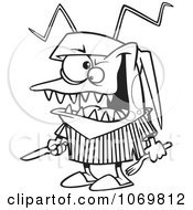 Clipart Outlined Hungry Bed Bug Holding Silverware Royalty Free Vector Illustration