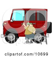 Poster, Art Print Of Man Standing A Ladder By His Lifted Hummer Car