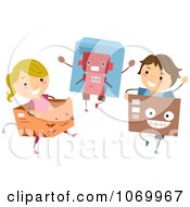 Clipart Stick Kids Playing In Cat Robot And Face Boxes Royalty Free Vector Illustration