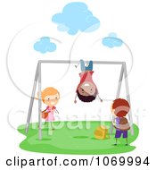 Diverse Stick Students Playing On The Monkey Bars