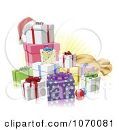 Poster, Art Print Of 3d Christmas Gifts With A Santa Hat Baubles And Sack