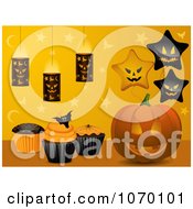 Clipart 3d Jackolantern With Halloween Cupcakes Balloons And Lanterns Royalty Free Vector Illustration by elaineitalia