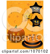 Poster, Art Print Of Jackolantern By A Halloween Cake And Star Balloons On Orange