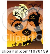 Clipart Creepy Jackolanterns In A Tree Above A Cemetery Royalty Free Vector Illustration