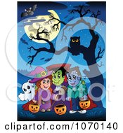 Poster, Art Print Of Trick Or Treaters Under A Bare Tree And Full Moon