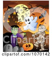 Poster, Art Print Of Vampire Mummy And Ghosts In A Cemetery By A Haunted House