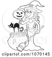 Outlined Witch With A Cat Pumpkin And Cauldron
