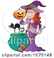 Witch Holding A Pumpkin By A Cat And Cauldron