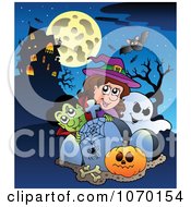 Poster, Art Print Of Vampire Witch And Ghosts By Tombstones And A Haunted House