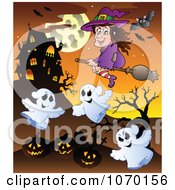 Poster, Art Print Of Witch Ghosts And Jackolanterns Near A Haunted House