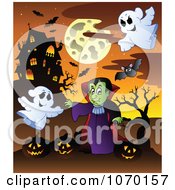 Poster, Art Print Of Vampire Ghosts And Jackolanterns Near A Haunted House